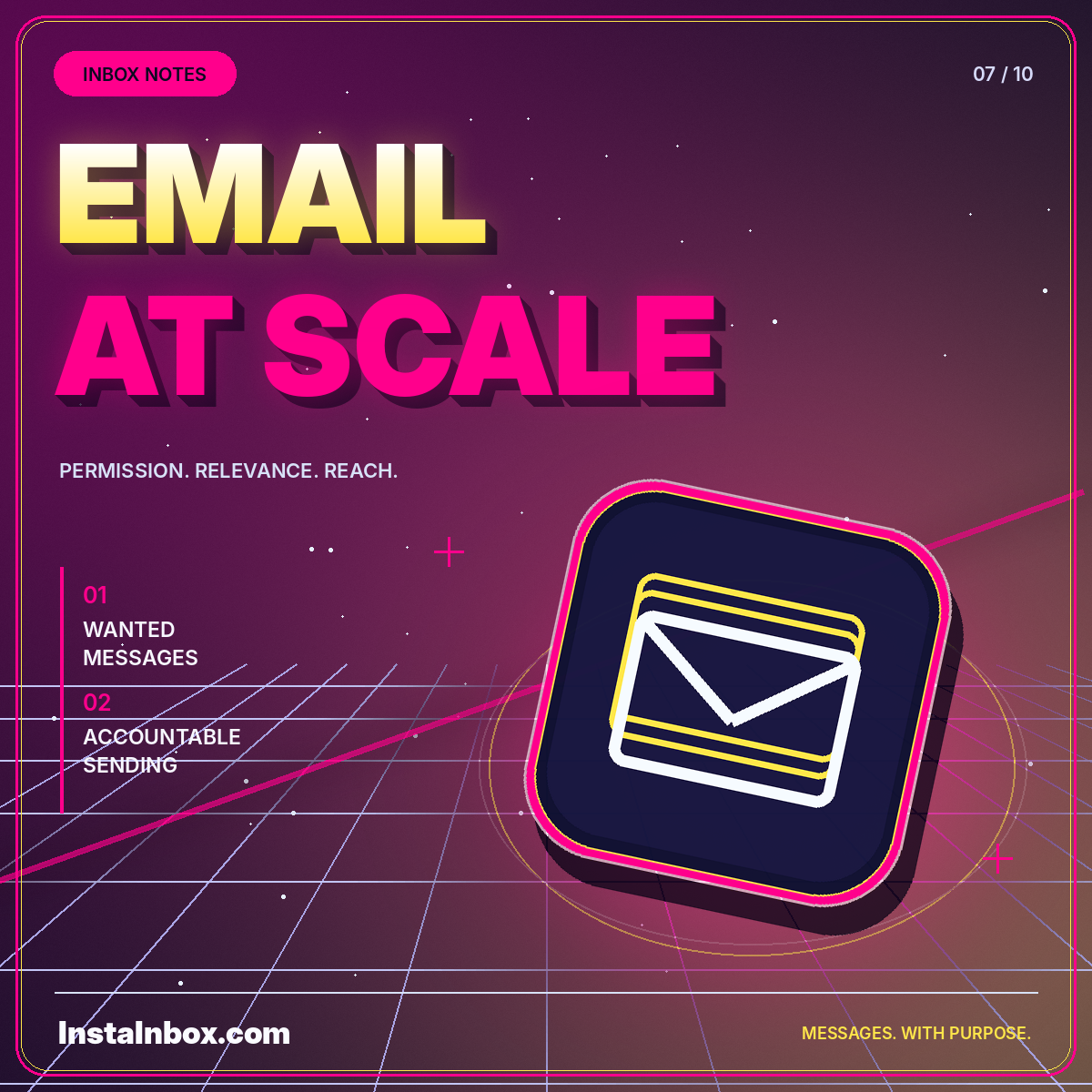 Neon Email at Scale typography with stacked envelopes and a permission-focused message