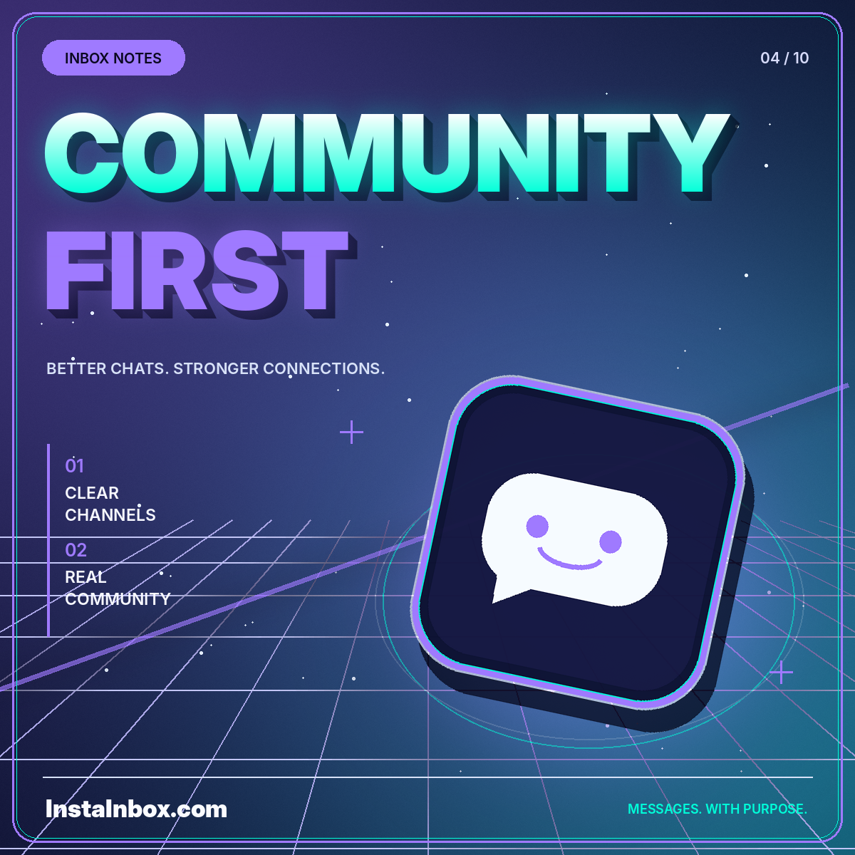 Neon Community First typography with a friendly chat icon on a glowing tile