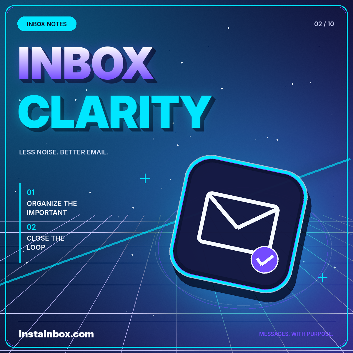 Neon Inbox Clarity typography with an envelope and a completed-message check mark