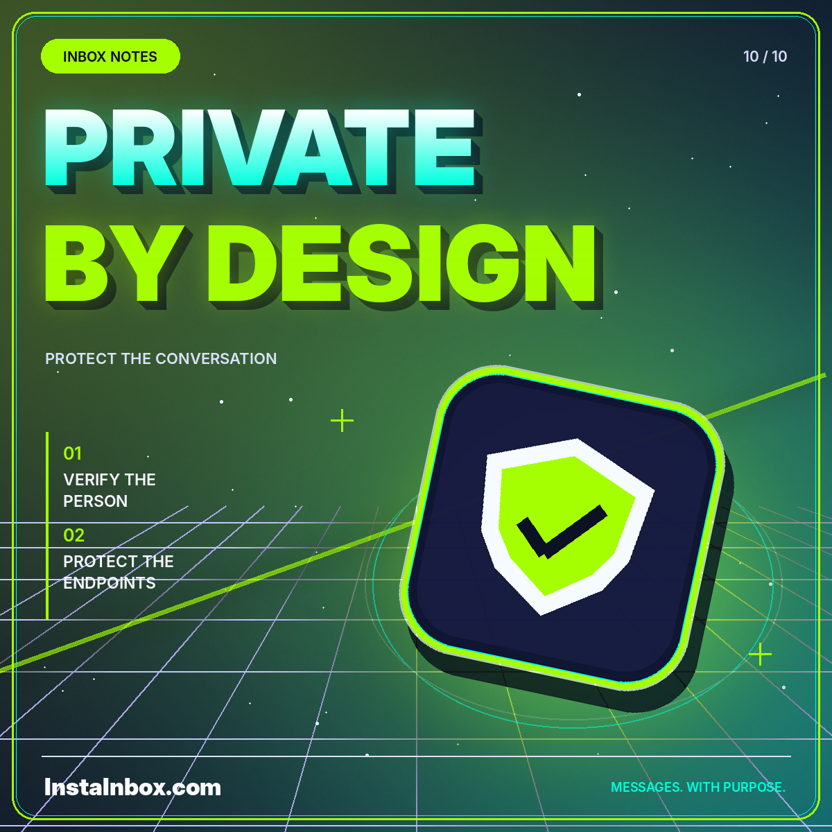 Neon Private by Design typography with a bright lime shield and verification check