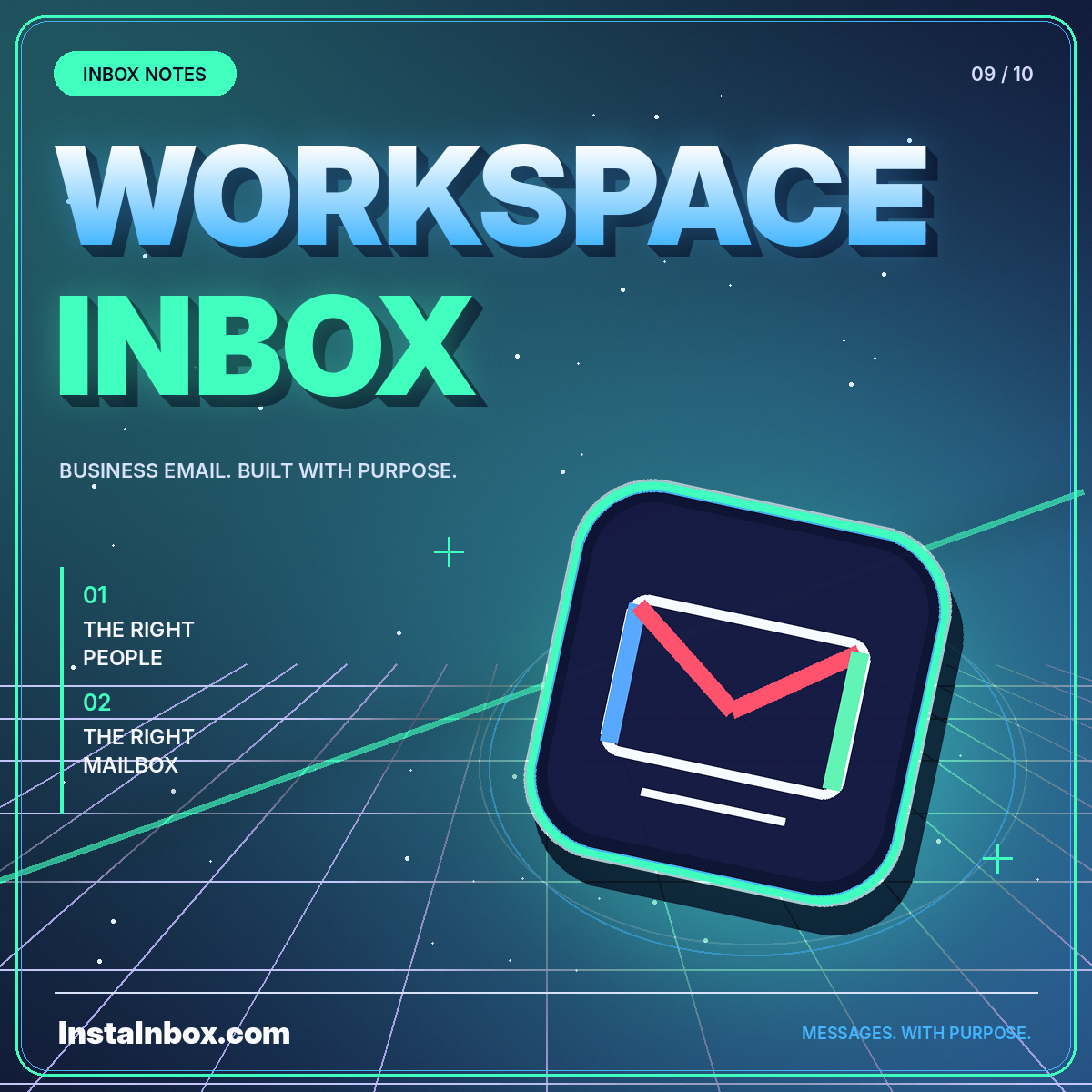 Neon Workspace Inbox typography with a multicolored business email envelope