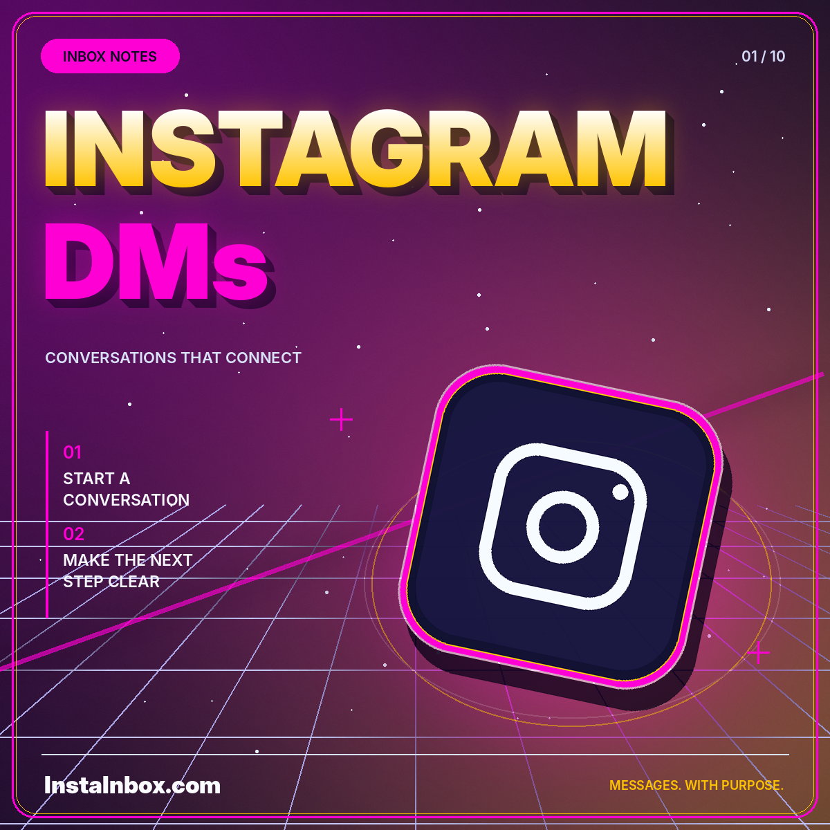 Neon Instagram DMs typography with a glowing camera and conversation-focused design