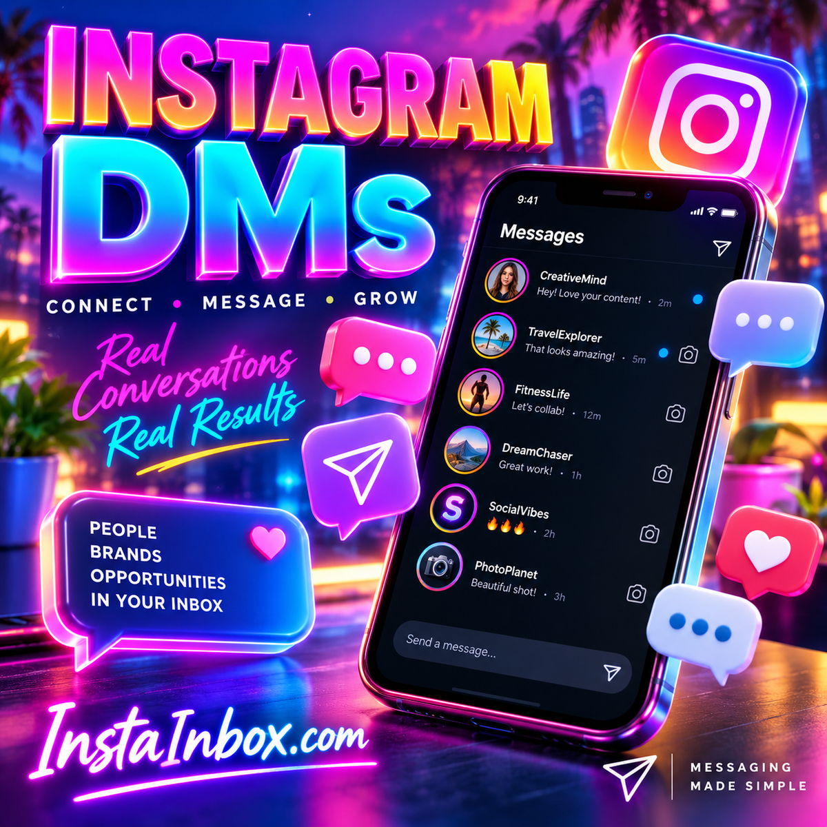 Colorful InstaInbox.com illustration with Instagram DMs, neon conversation icons, and a smartphone inbox