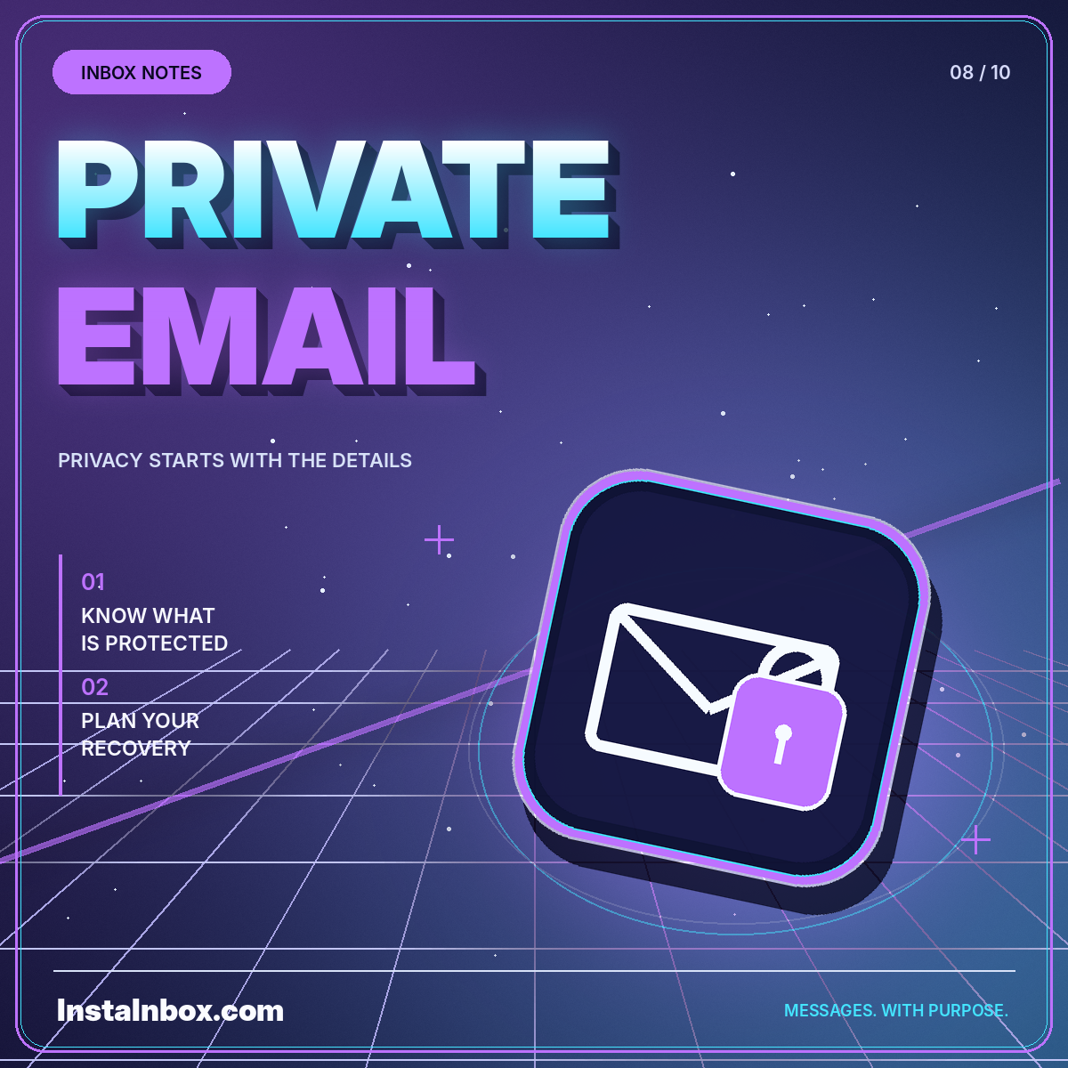 Neon Private Email typography with an envelope and a violet privacy lock