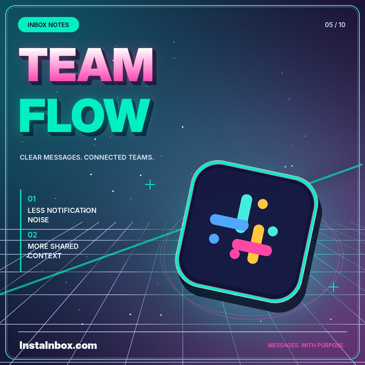 Neon Team Flow typography with a colorful team-messaging symbol on a glass tile