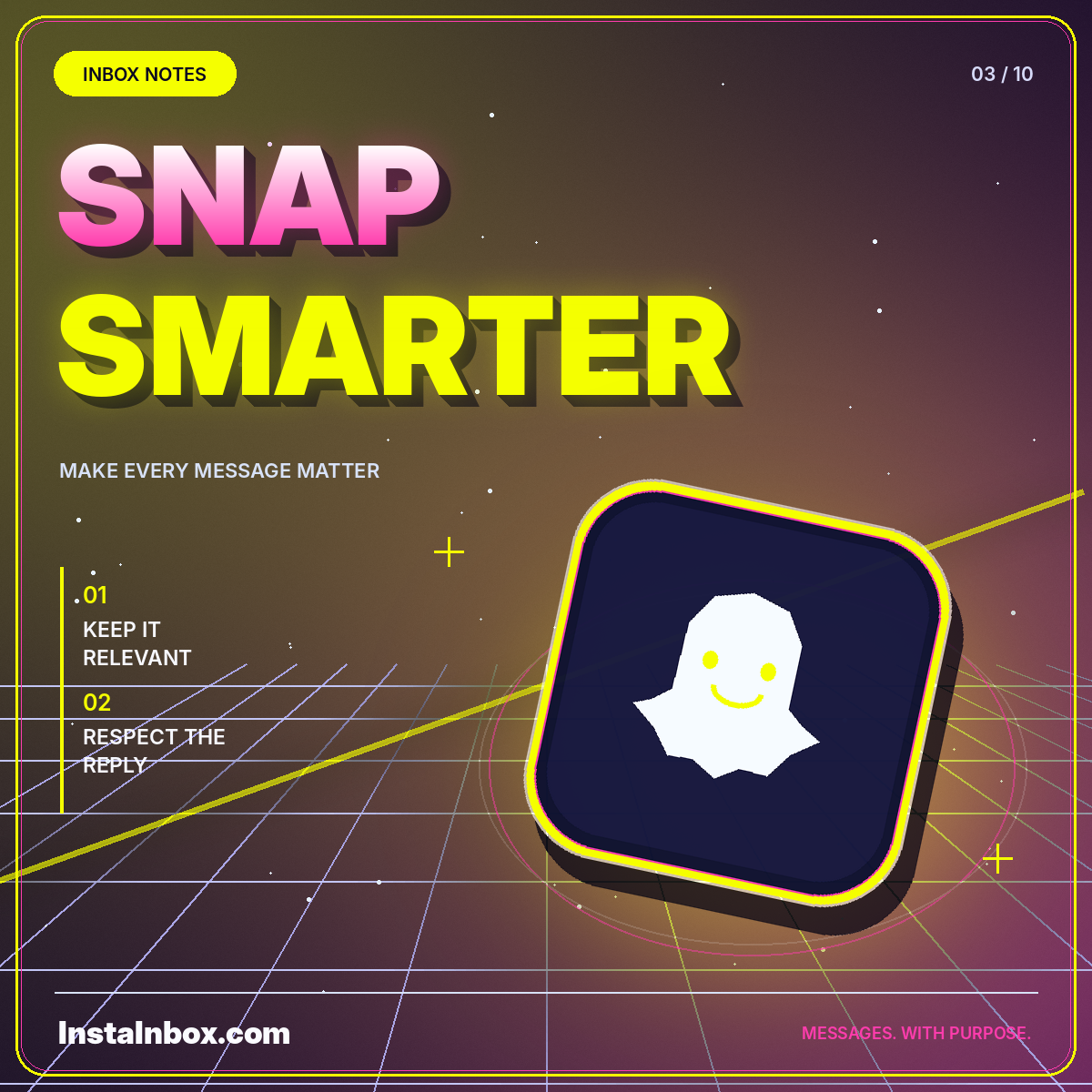 Neon Snap Smarter typography with a playful ghost-shaped messaging icon