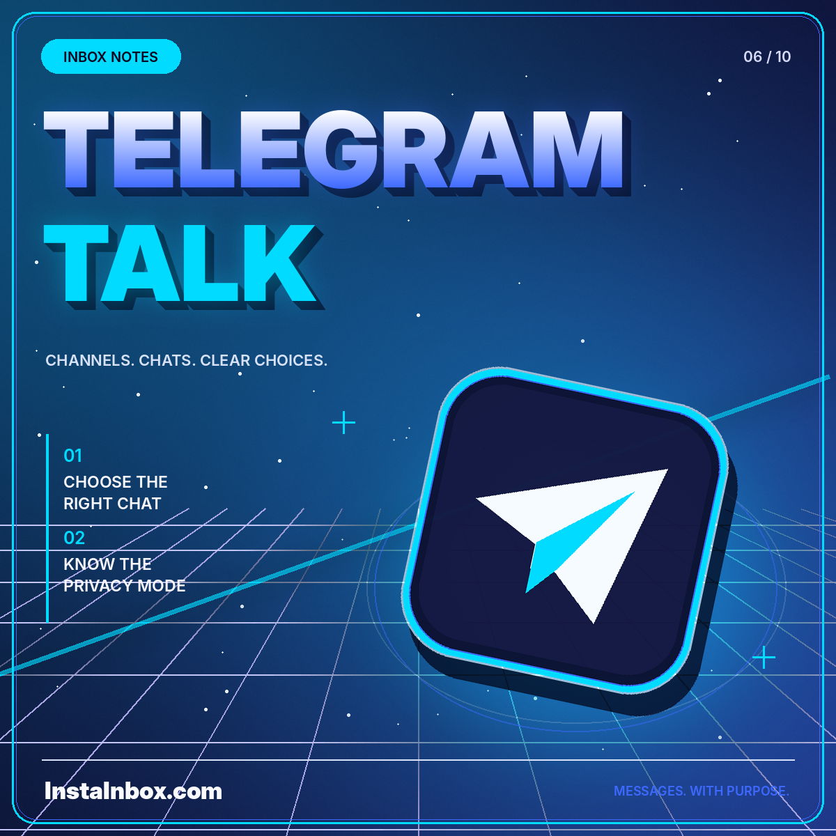 Neon Telegram Talk typography with a glowing paper-plane message symbol